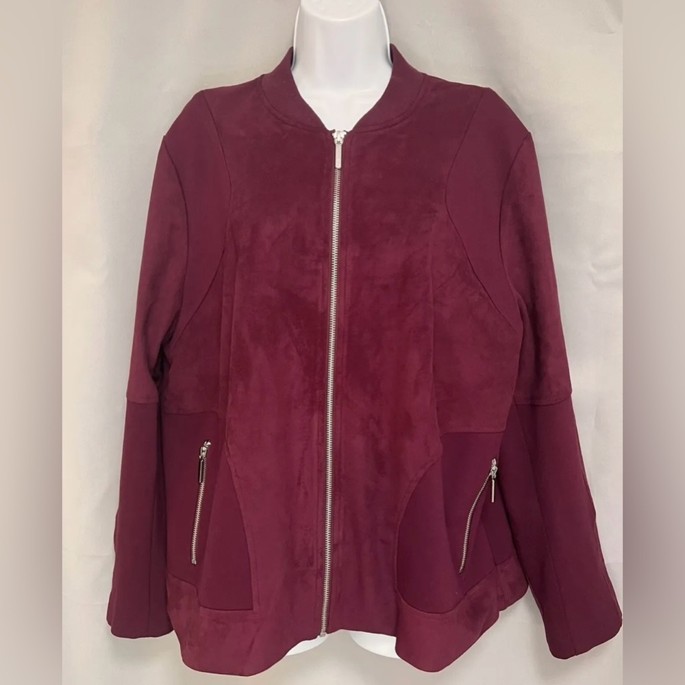 Chico's Faux Suede and Knit Burgundy Zip Up Bomber Jacket Coat - Size XL / 16